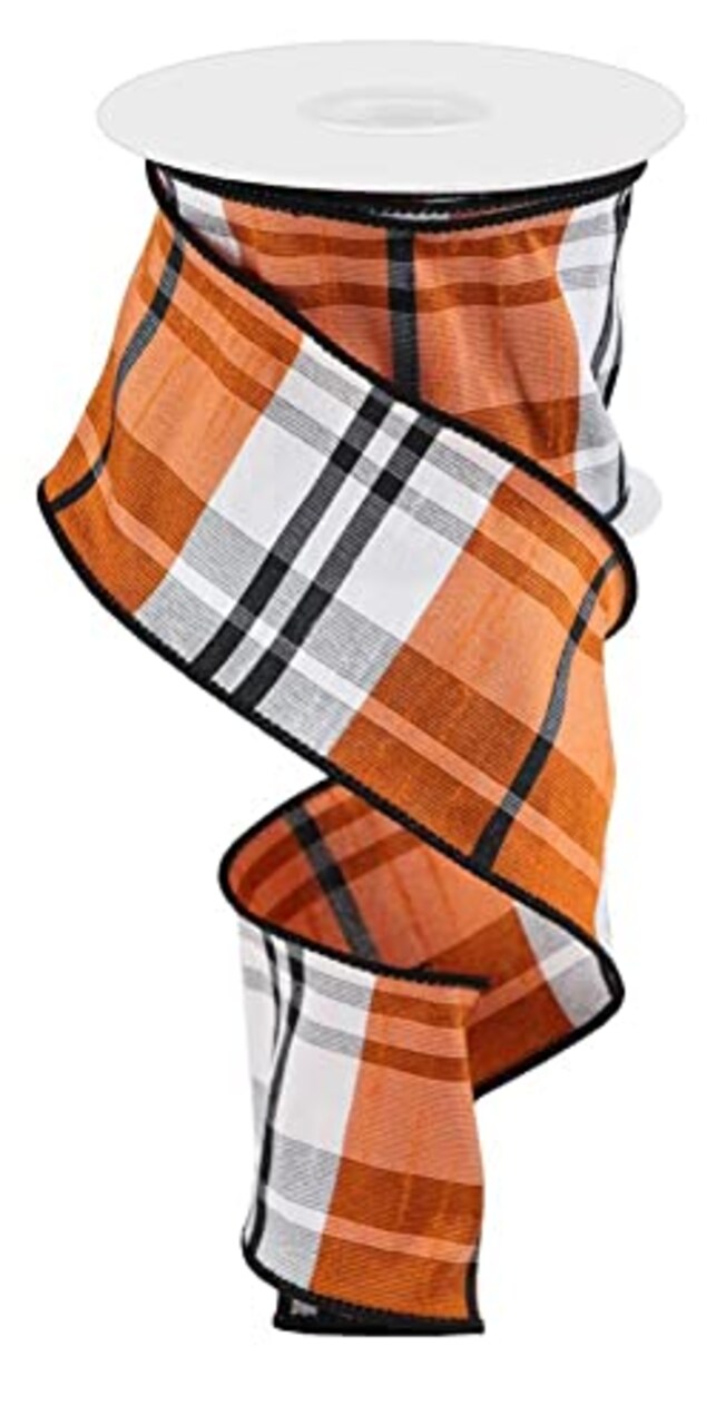 Autumn Plaid Wired Edge Ribbon - 2 1/2" x 10 Yards, Orange, Black, White, Fall Decor, Halloween, Thanksgiving, Christmas, Wreath, Farmhouse Decoration, Garland, Gifts, Wreath, Bows